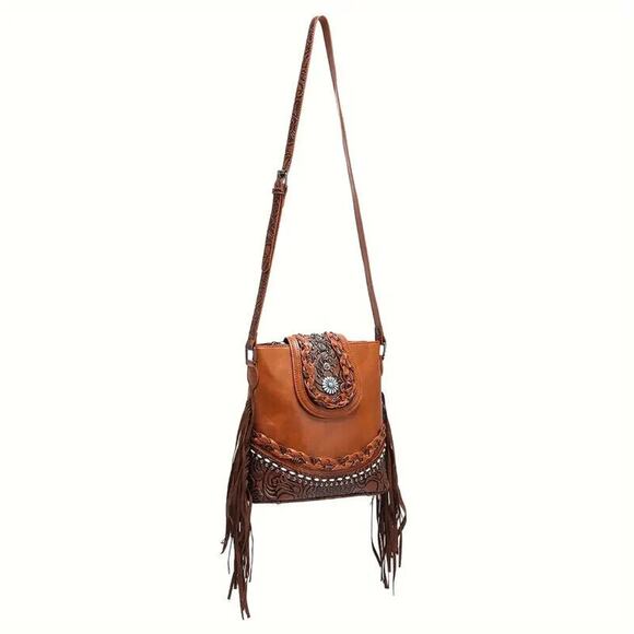 NEW Crossbody Bag Womens Brown Vintage Western Bucket Bag Ethnic Tooled Fringe - Picture 2 of 6